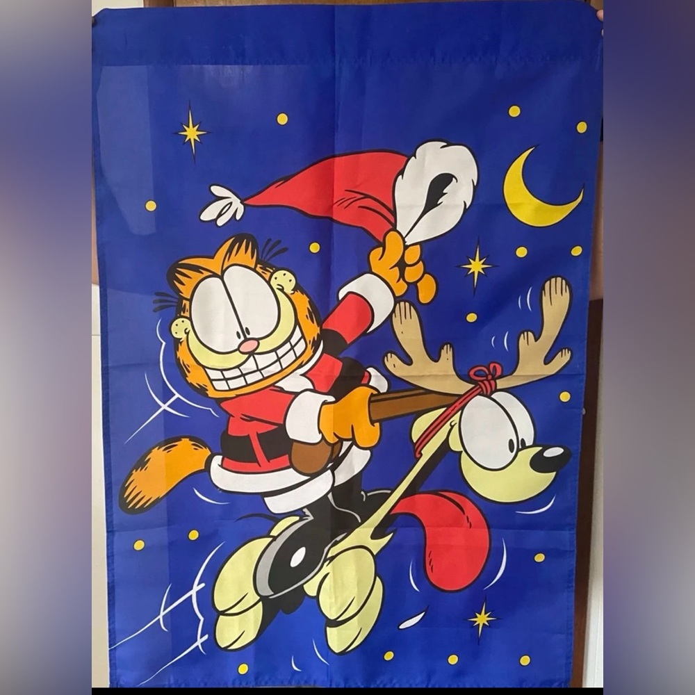 Garfield Christmas Flag Santa Odie Reindeer Banner 41 x 29 Blue Vintage 1996